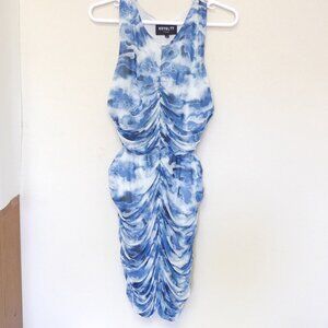 Royalty by Maluma blue cloud pattern ruched mesh side cutout dress size XXL